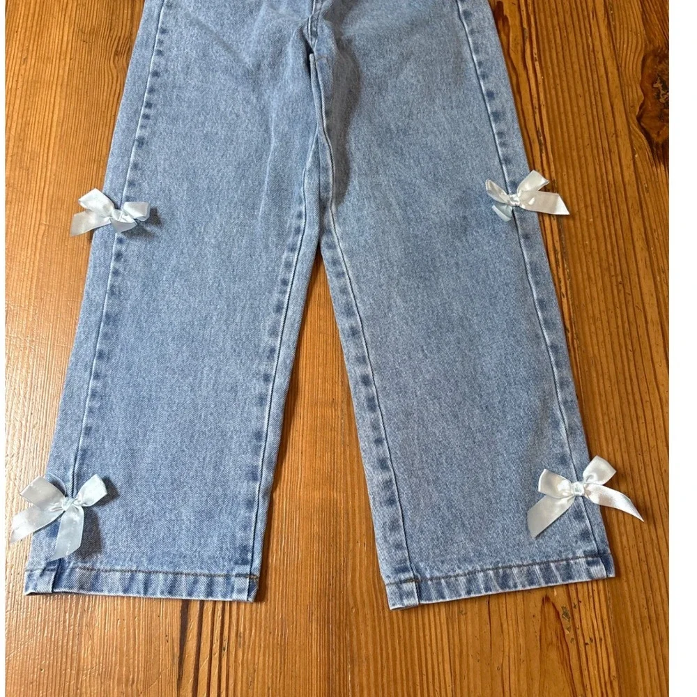 SHEIN Bow Jeans Girls Blue Light Wash Coquette Straight Leg SIZE 8Y
